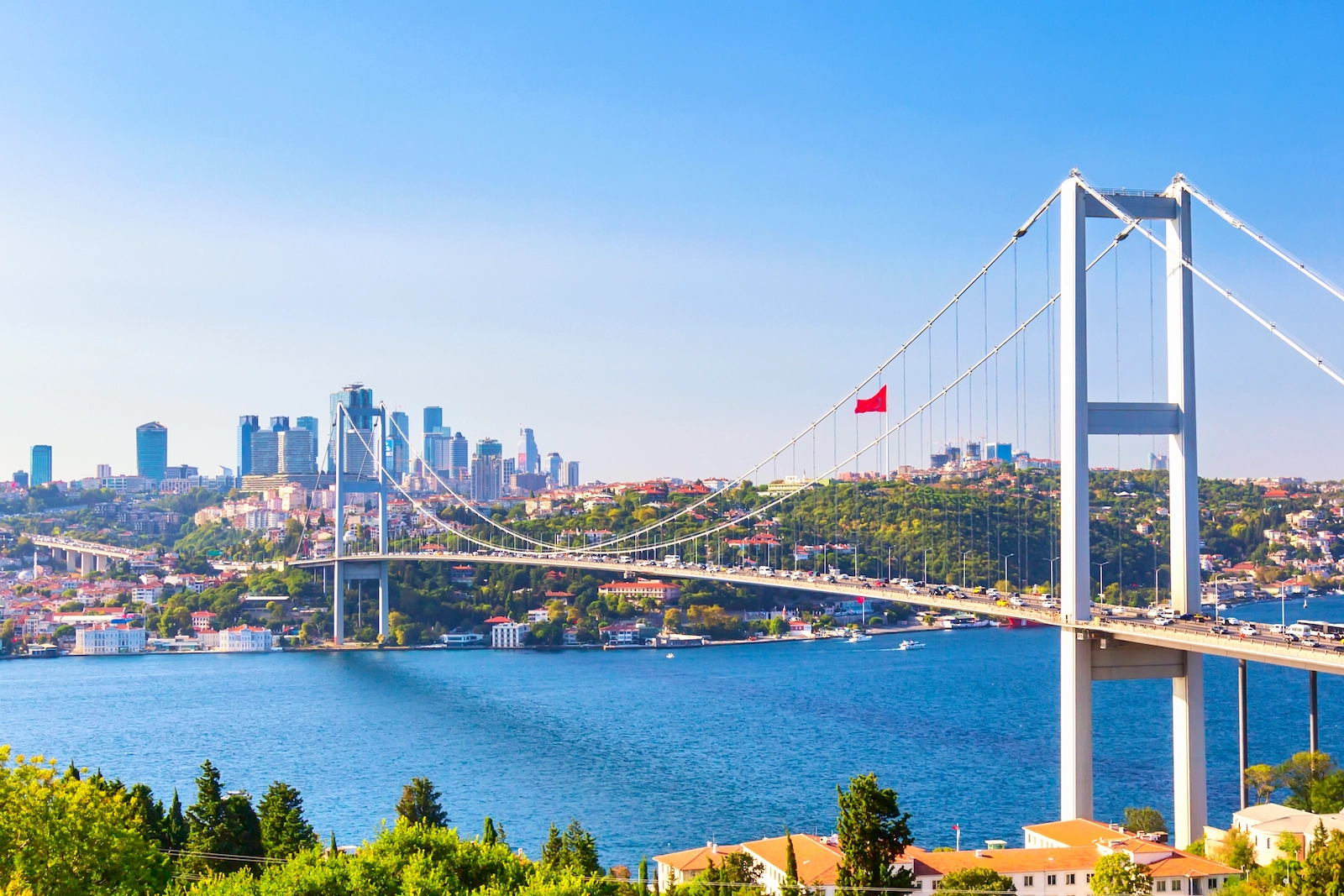 Bosphorus Bridge over the strait in Istanbul with the city skyline behind